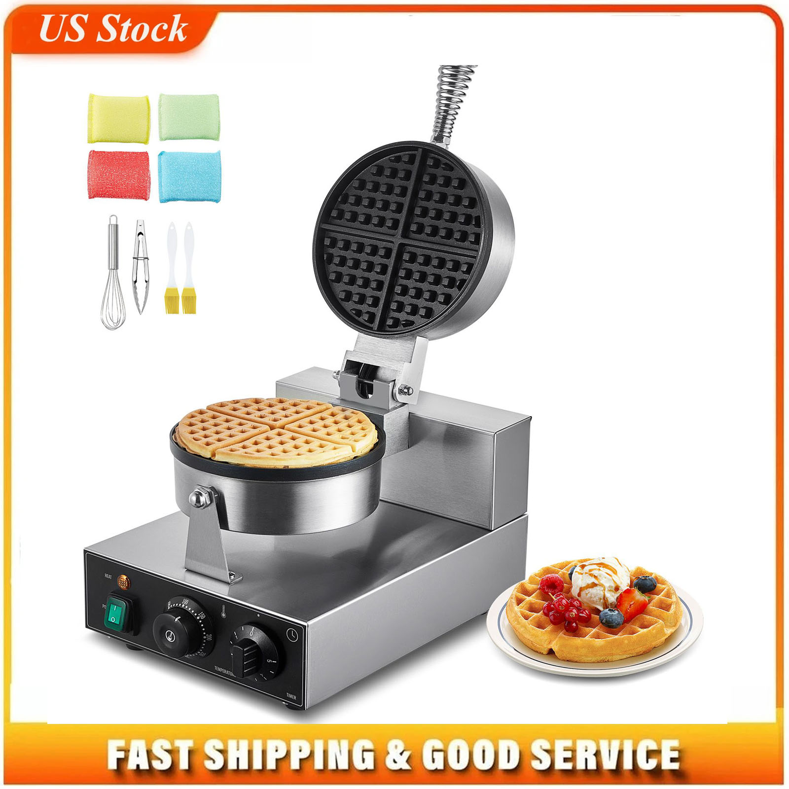 Waffle Iron Belgian - Ticari Waffle Makinesi, 1230W Yuvarlak Waffle
